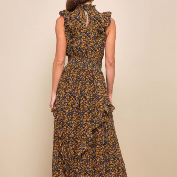 Evalina Mustard Yellow Floral Print Mock Neck Midi Dress - Picture 3 of 7